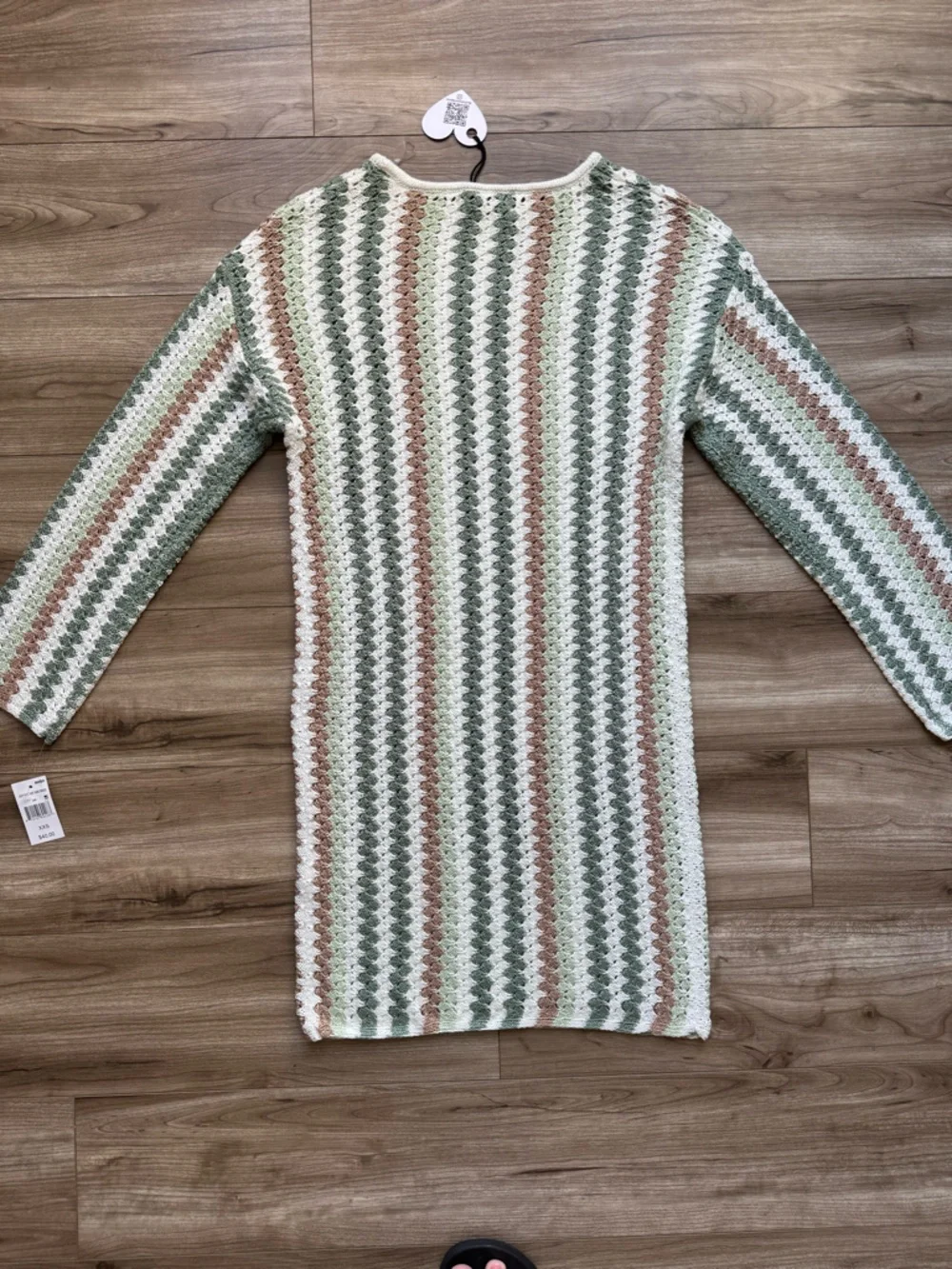 Love Knits NYC Crochet Knit Mini Dress XXS Long Sleeve Striped white green brown - Picture 9 of 10